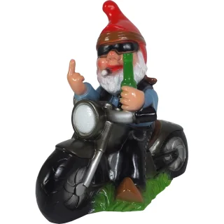 Großer lustiger Gartenzwerg Rocker auf Motorrad zeigt Mittelfinger - Gartendeko Gnome